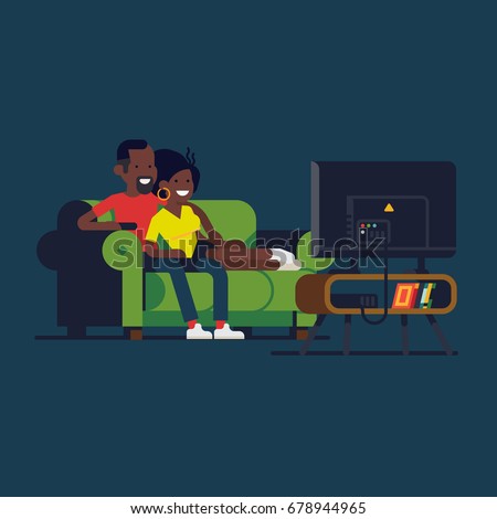 African couple watching TV. Cool vector flat design illustration on african american couple enjoying their evening together on sofa watching favorite TV show