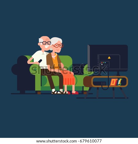 Senior age couple watching TV. Cool vector flat design illustration on elderly couple enjoying their evening together on sofa watching favorite TV show. Old man and woman watching television