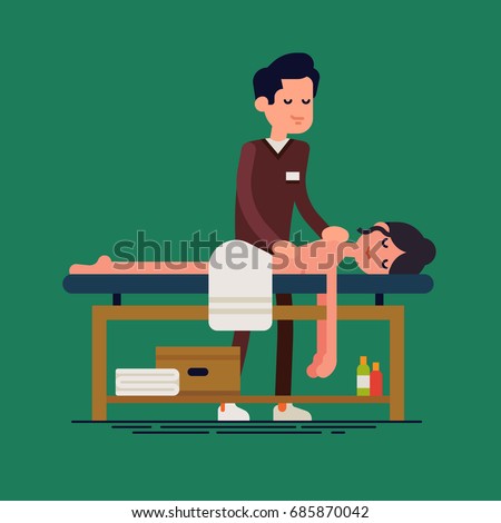Flat vector character design on massage therapist and client. Woman relaxing on massage table getting treated by male masseur