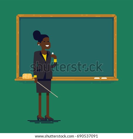 African american female school or university teacher or professor standing next to classroom chalkboard holding chalk and pointer. Flat vector character design on teacher woman