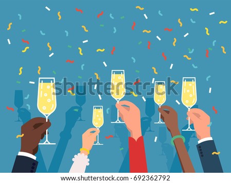 Horizontal vector background on party time with multiple raised hands holding champagne glasses, celebrating. Corporate celebration event background. Ideal for web banners and special event flyers