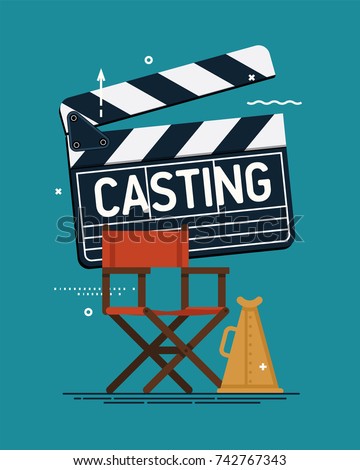 Cool vector casting concept illustration. Movie producing, film direction, studio shooting stage design elements. Director's chair, loud speaker and clapper board ストックフォト © 