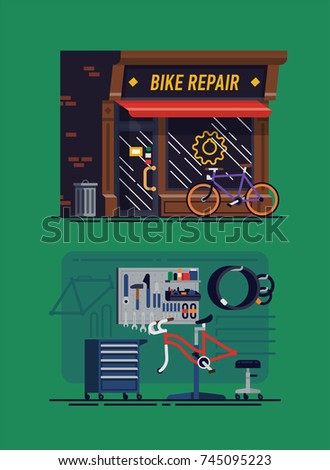 Cool vector illustration on bicycle repair shop exterior and interior with special repair equipment, instruments and hardware. Bike mechanic workplace