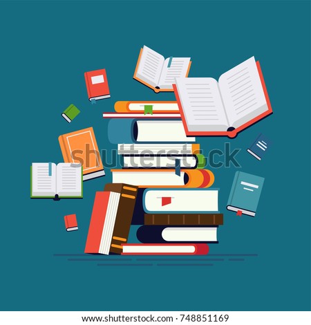 Cool vector flat design illustration on reading with abstract pile of books and flying around open and closed books. Knowledge, learning and education concept design Foto stock © 
