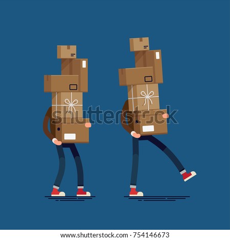 Cool vector flat illustration set on shipping and delivery with man carrying large stack of boxes, packages and containers. Storage, logistics, goods themed design element with man carrying boxes