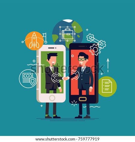 Cool vector concept illustration on peer to peer lending in business and industry with abstract businessmen interacting with each other through mobile application