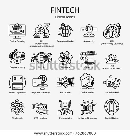 Vector set of monoweight linear icons and symbols on Fintech. Editable stroke design elements on innovative Financial Technology, featuring Blockchain, direct payments, Underbanked, Encryption, etc.