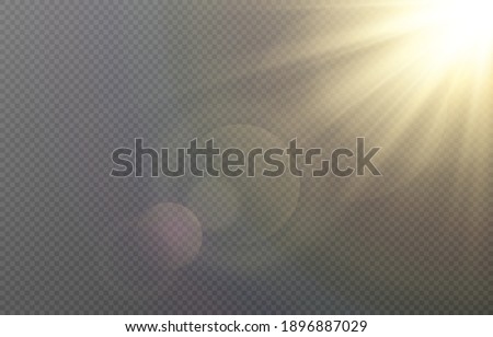 Vector golden light with glare. Sun, sun rays, dawn, glare from the sun png. Gold flare png, glare from flare png.	 Foto stock © 