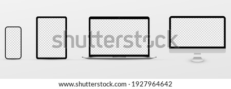 Device screen layout. Mockup of phone, tablet, computer, monitor with blank screen. Blank screen for text or design. PNG.