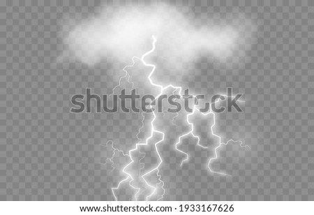 Vector lightning, lightning png, thunderstorm, lighting. Lightning strikes from the cloud. Natural phenomenon, light effect. PNG.