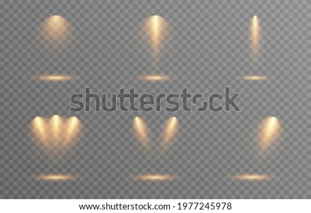 Vector set of light. Golden light source, studio lighting, walls, png. Light beams, light effect.