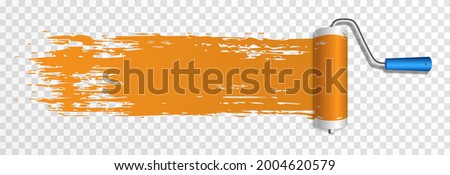 Artistic paint roller. Construction roller with orange paint png. Paint mark.