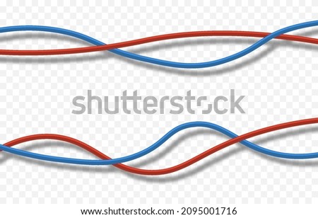 Realistic vector isolated wires. PNG wires, png twisted wires, network, communication, cable, red and blue wire.