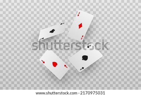 Vector playing cards png. Playing cards fall from the sky on an isolated transparent background. Four aces png, red, black cards. Gambling. Poker.