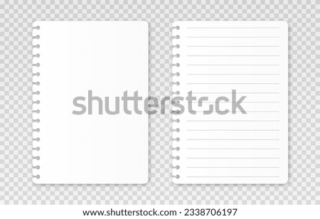 Vector realistic sheets of paper. Torn sheets of paper png. Lined sheet, blank sheet mockup png. Sheets from a notebook.