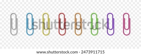 Vector set of realistic paper clips png. Clamping clamps. Multi-colored paper clips png.