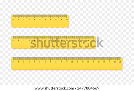 Set of realistic vector rulers png. Yellow rulers of different sizes. School supplies png.