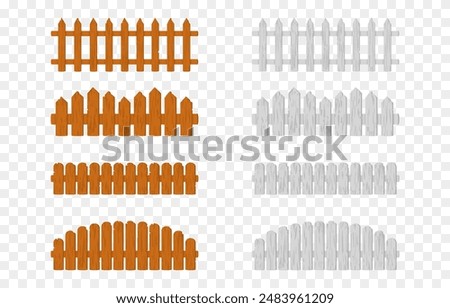 Vector set of cartoon fences. Wooden cartoon fence png. Fencing for farm or garden. Decorative fence.