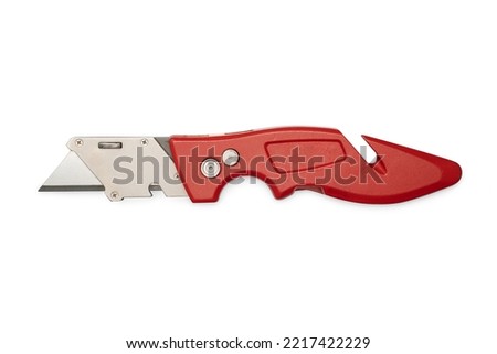 Foldable Open Red Box Cutter Utility Knife with New Blade, Carpet Knife Cutter Isolated On White Background with Shadow with wire stripping and gut hook Stockfoto © 
