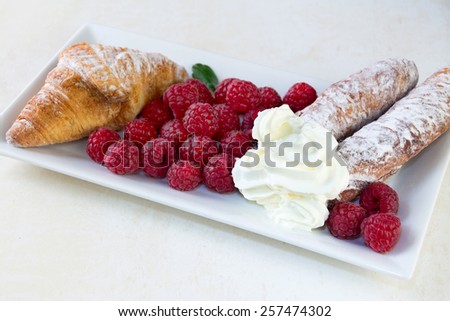 Appetizing plate of Raspberries with croissant and cream, room for text