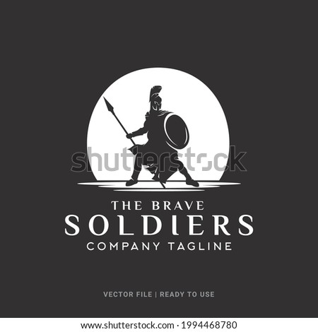 Silhouette of Brave Soldier, Spartan Soldier with Spear and Shield Logo Design Concept. Suitable for Poster, Flyer, Greeting Cards, Sticker, Social Media and Tshirt Design