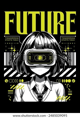 Anime girl poster in manga style. Tokyo Japan anime girl with concept of virtual reality,retro,futurism,futuristic,cyberpunk. Japanese y2k vector illustration. Kanji translation is Kawaii or Cute 