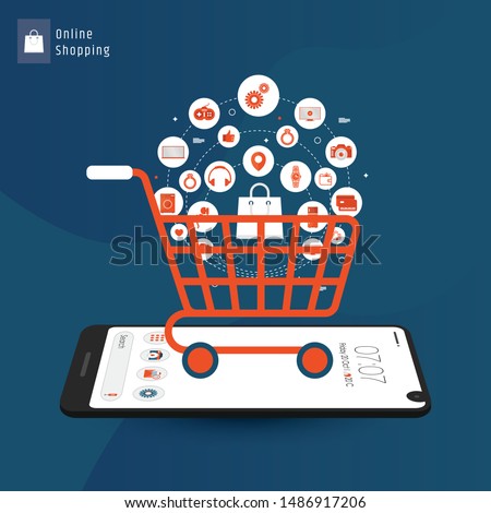 Online shopping isometric concept. Shopping cart with bags standing upon big mobile phone. Flat vector design isolated on blue background.