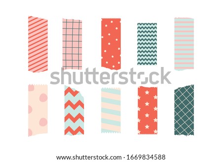 Set of colorful patterned washi tape strips. Vector illustration of a cute decorative scotch tape isolated on white background