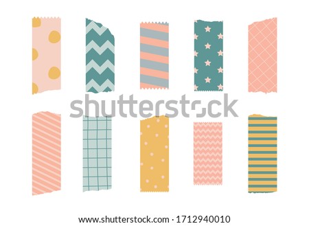 Vector illustration of a decorative tape. Set of pieces of colored patterned washi tape isolated on a white background.