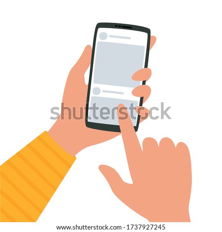 Vector illustration social networks page on smartphone screen and hands. A cartoon drawing of a mobile phone in his hand, a character is browsing a web page on the Internet.