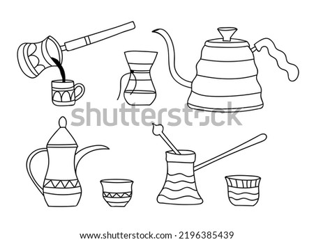 Coffee pots and cup doodle illustrations collection. Hand drawn eastern coffee pot and cup illustrations set in vector. Coffee pots icons set. Copper cezve doodle illustrations