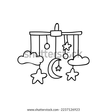Baby crib hanging toy with moon clouds and stars doodle icon in vector. Hand drawn baby crib hanging toy illustration in vector.