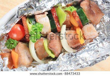 Pork Shish kebabs on tin foil