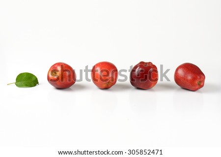 four ripe red apples in a row on white background