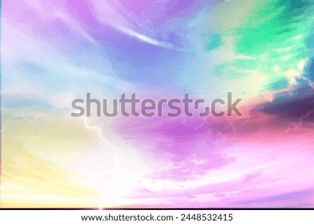 A colorful sky with a lightning bolt in the middle. The sky is filled with different colors and the lightning bolt is white. Scene is bright and energetic