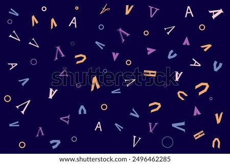 Abstract Alphabet geometric pattern letters Random layout on dark background. Gift wrapping paper. Bed sheets and interior. School and learning theme or poster y2k