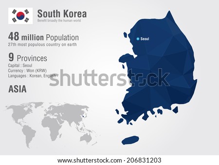 South Korea world map with a pixel diamond texture. World Geography.