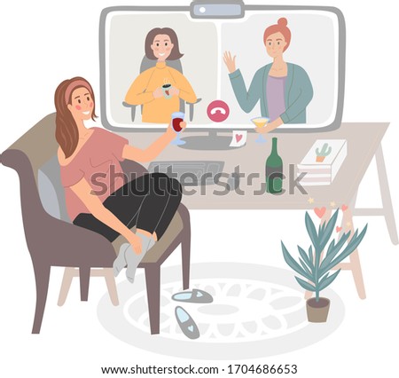 Hand drawn vector girl on a chair at home meeting friends online. Video conference, online party, virtual cocktail party. People drink together during quarantine. Home activities, entertainment.