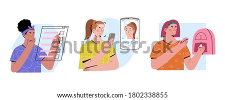 Vector flat concept 3 steps to choose personalized beauty products. Young women fill up quiz, scan her face with mobile app, create custom-made skincare product with a device to address skin concerns.