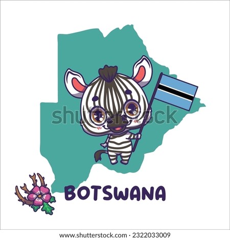 National animal zebra holding the flag of Botswana. National flower kalahari devil's claw displayed on bottom left