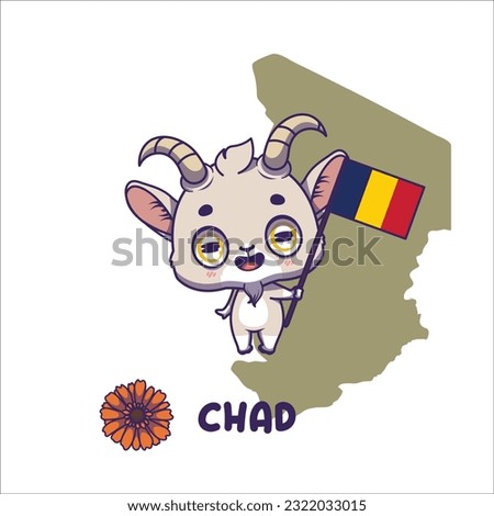 National animal white goat holding the flag of Chad. National flower gerbera displayed on bottom left