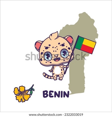 National animal leopard holding the flag of Benin. National flower golden trumpet displayed on bottom left