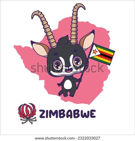 National animal sable antelope holding the flag of Zimbabwe. National flower flame lily displayed on bottom left