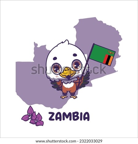 National animal african fish eagle holding the flag of Zambia. National flower bougainvillaea displayed on bottom left