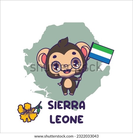 National animal chimpanzee holding the flag of Sierra Leone. National flower yellow trumpet displayed on bottom left