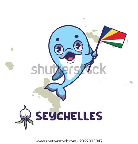 National animal dolphin holding the flag of Seychelles. National flower angraecum eborneum displayed on bottom left