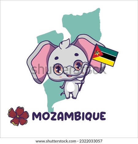 National animal african elephant holding the flag of Mozambique. National flower maroon bell bean displayed on bottom left