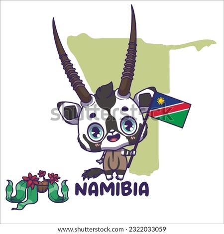 National animal gemsbok oryx gazelle holding the flag of Namibia. National flower welwitschia displayed on bottom left