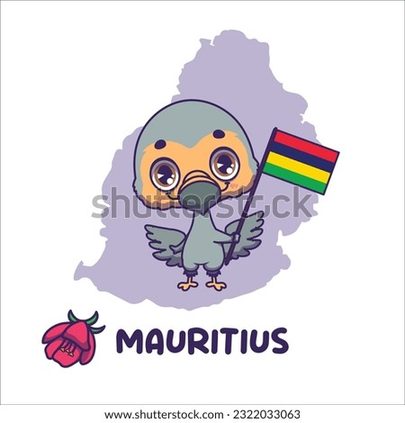 National animal dodo holding the flag of Mauritius. National flower trochetia boutoniana displayed on bottom left