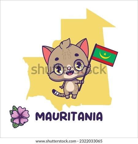 National animal african wild cat holding the flag of Mauritania. National flower mauritanian mallow displayed on bottom left